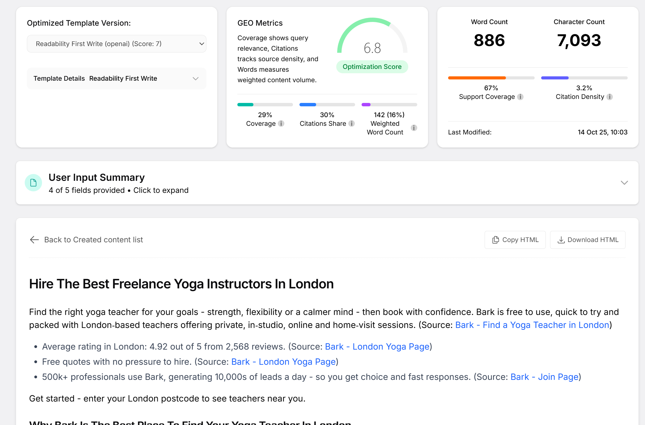 AI Content Optimization showing optimization metrics